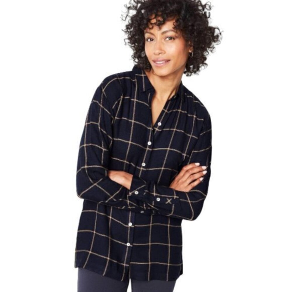 Women's J. Jill Navy Blue Checker Plaid Blouse Pleated Back L/S Shirt Size Small